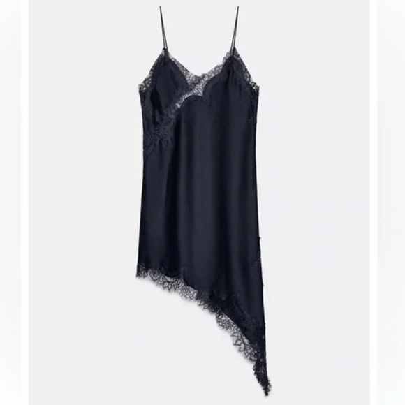 Zara Dresses & Skirts - Zara ZW Collection Asymmetric Lace Satin Dress Navy Extra Small NWT
